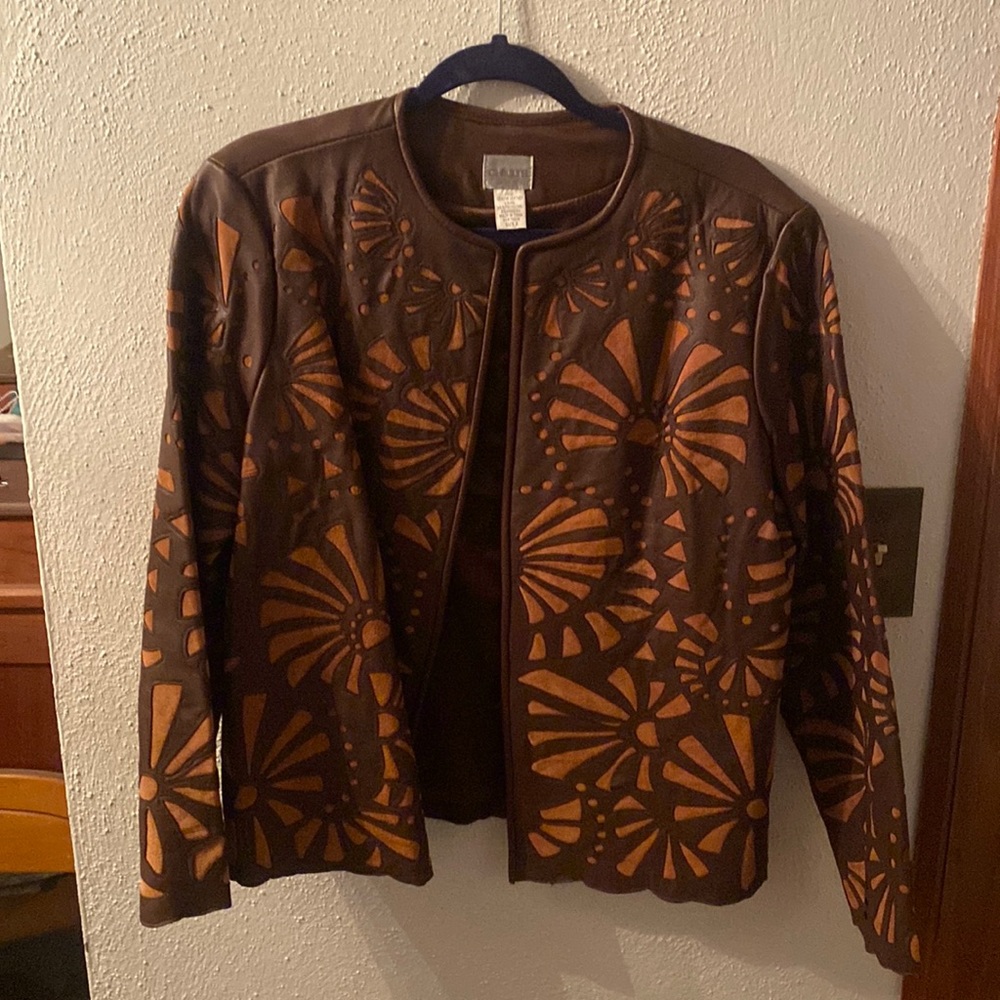 Chchis leather zip front jacket. Size 2 brown/beige